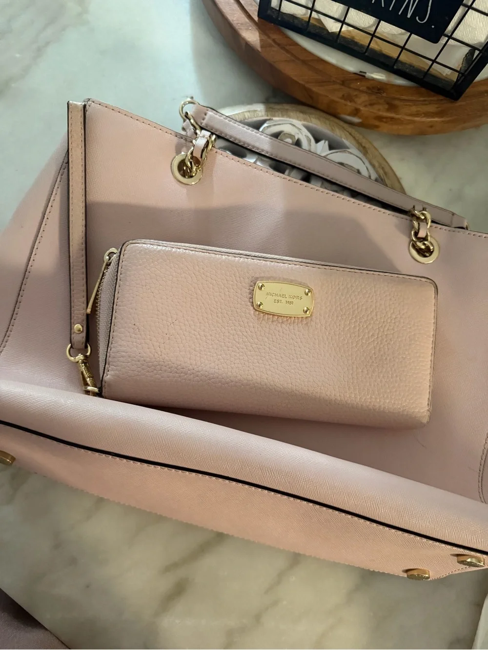 Michael Kors Dusty Pink Leather Tote with Gold Chain Handles and Matching Wallet